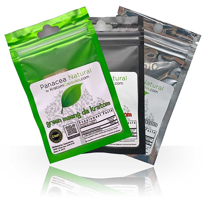 Panacea Natural Green Maeng Da, Red Vein Indo and White Maeng Da kratom samples