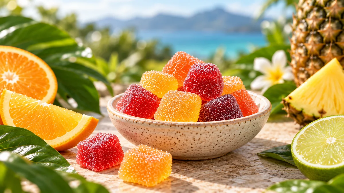 A bowl of colorful gummies surrounded by citrus fruit and tropical foliage