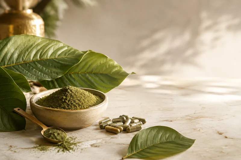 Artistic still life of green botanical powder, capsules, and fresh kratom leaves