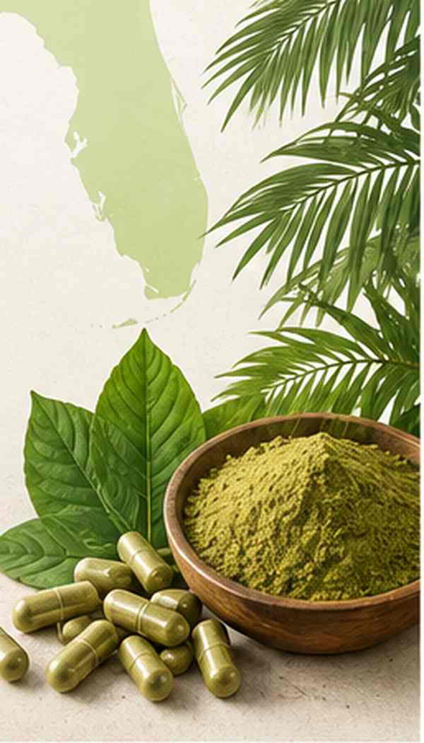 Green kratom powder and capsules with Florida imagery