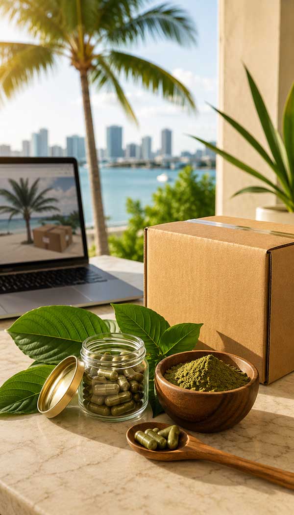 Kratom products and powder with a Florida waterfront setting